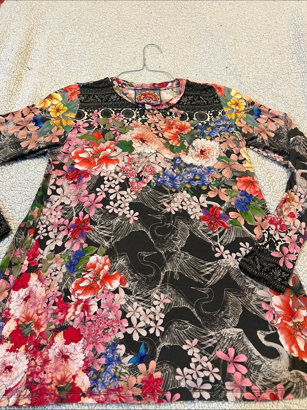 Johnny Was Black Floral & Crane Print Long Sleeve Blouse